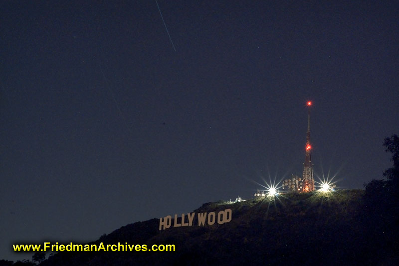 Hollywood Sign and Transmitter Tower at Night