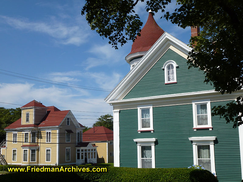 historic,houses,siding,colors,green,yellow,roof,sky,