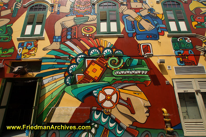 architecture,building,artwork,art,urban,painting,mural,windows,colorful,aztec,singapore,