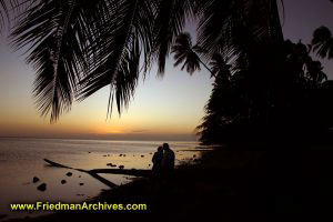 Couple in Love Sunset at Beach Palm Tree